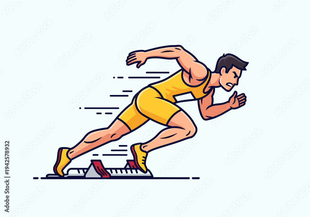 Fototapeta premium Male runner in yellow uniform positioned on starting blocks for a sprint race
