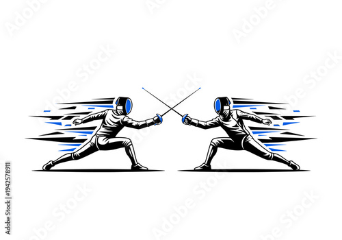 Two fencers with foils crossed mid-action, wearing masks and protective gear in a dynamic illustration