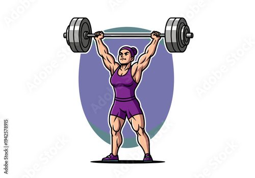 Strong female weightlifter lifting barbell overhead in purple sportswear