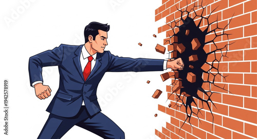 Businessman Breaking Through Brick Wall.