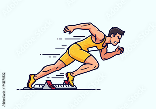 Male runner in yellow uniform positioned on starting blocks for a sprint race