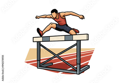 Male athlete jumping over a hurdle on a running track during a competitive event.