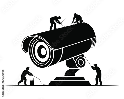 Workers installing a large security camera on a white background