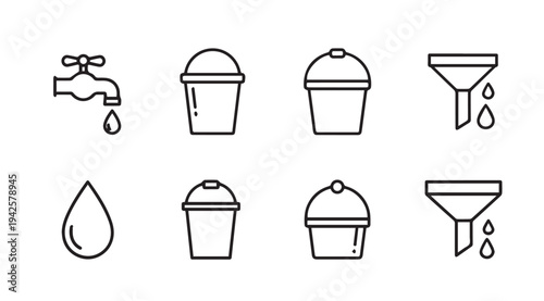 Water Droplet Faucet Bucket Funnel IconsLiquid Transfer and Collection Symbols