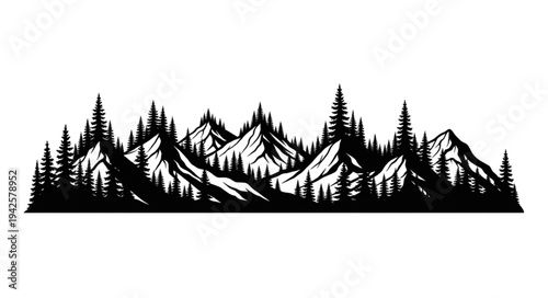 Mountain Range Silhouette with Trees.
