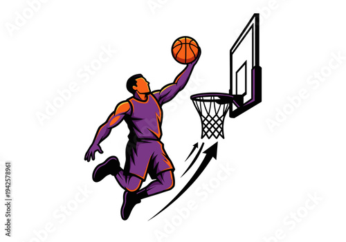Basketball player jumping high to dunk the ball into the hoop in a dynamic action pose