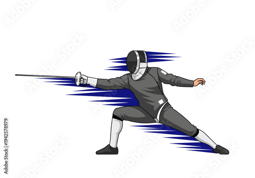 Dynamic illustration of a fencer in a grey uniform lunging with a foil against a white background