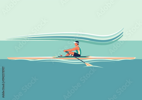 Male athlete rowing a single scull boat on water with stylized waves during daylight