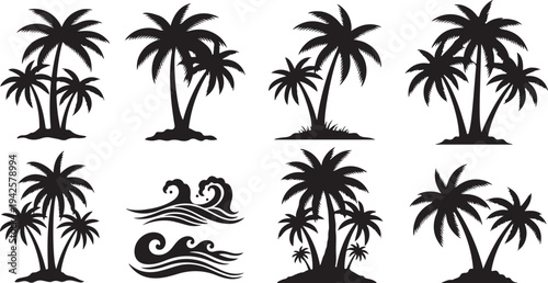 Black Silhouettes of Palm Trees and Ocean Waves
