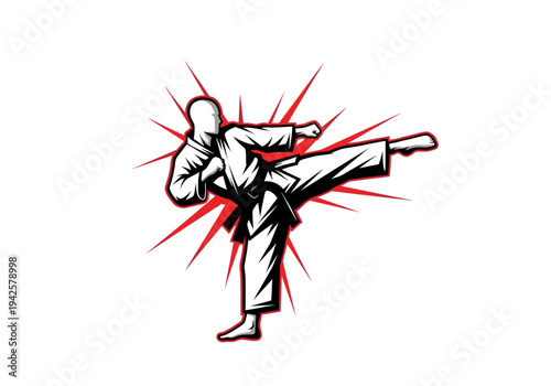 Martial artist performing a powerful high kick with a dynamic red burst effect