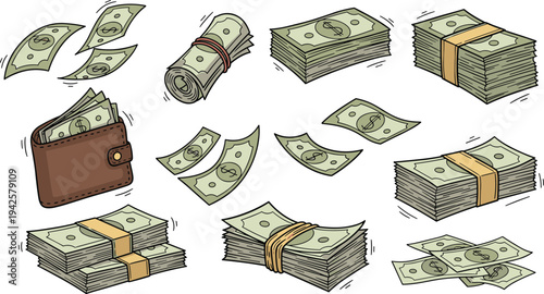 Cash Money Bills and Dollar Banknote Stacks Collection Vector Illustration Set