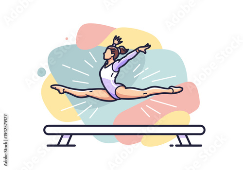 Female gymnast performs a dynamic split jump on a balance beam illustration with pastel background