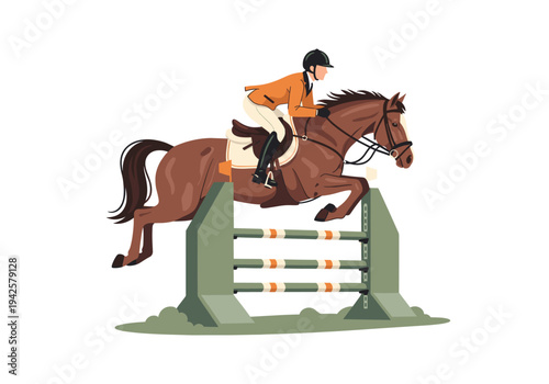 Equestrian competitor on a horse performing a show jump over an obstacle