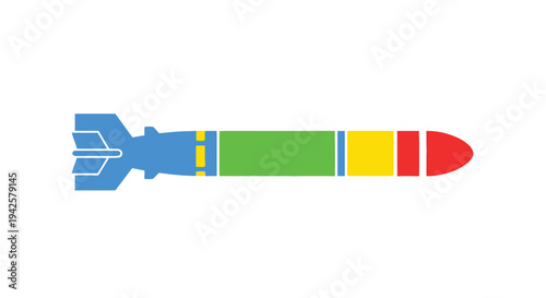Stylized illustration of a colorful bomb with fins and a pointed nose