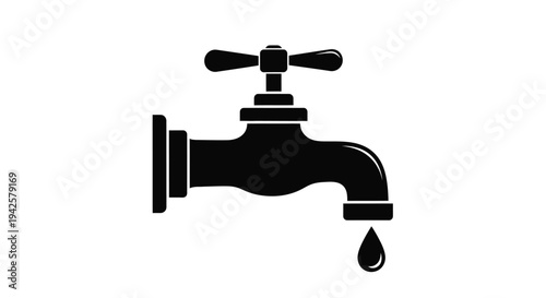 Simple black silhouette of a water tap with a single dripping drop