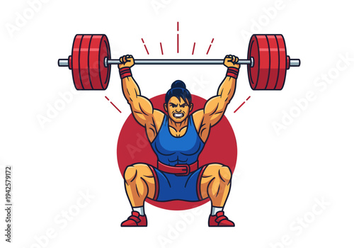 Female weightlifter athlete performing an overhead squat with a heavy barbell in a dynamic pose