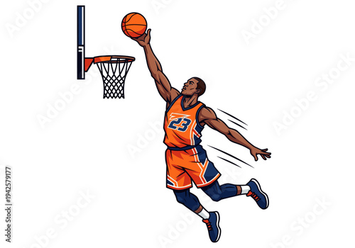 Male basketball player in orange and blue jersey number 23 jumping to dunk the ball