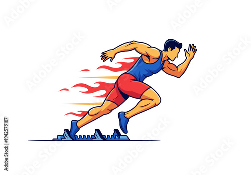 Athlete in starting blocks pushing off for a sprint race with speed effects
