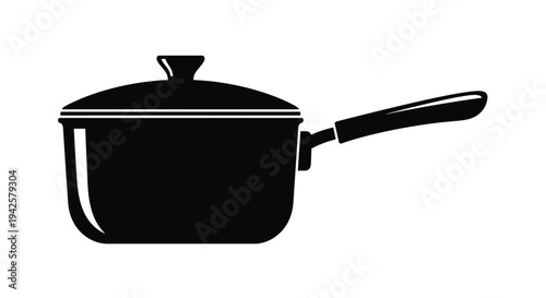 Simple black and white illustration of a saucepan with handle and lid