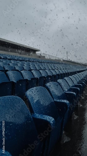 Empty blue stadium seats in the rain on a cloudy day