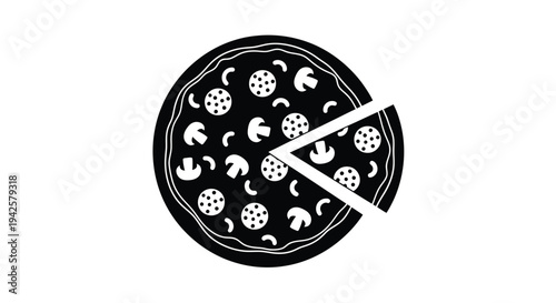 Simple black and white illustration of a pizza with mushrooms and pepperoni