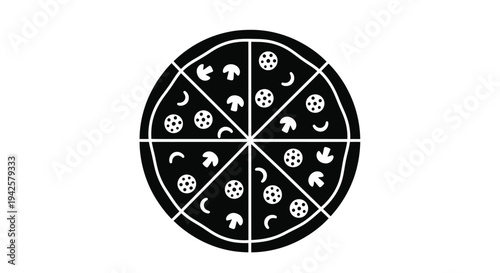 A black and white illustration of a pizza cut into eight slices