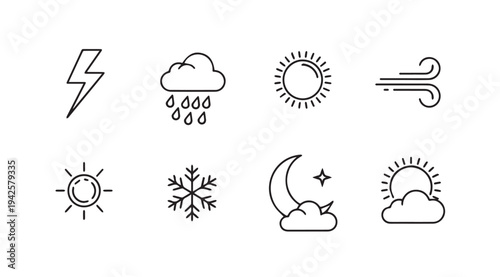 Weather Icons Set: Lightning Rain Sun Wind Snow Moon CloudsLine Art Style