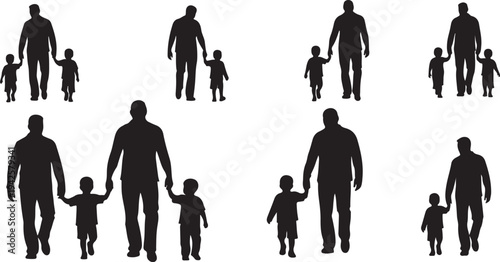 Silhouettes of fathers and children walking together happily