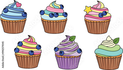 Set of colorful cartoon cupcake characters with swirl frosting topped with blueberries stars hearts and mint leaves.