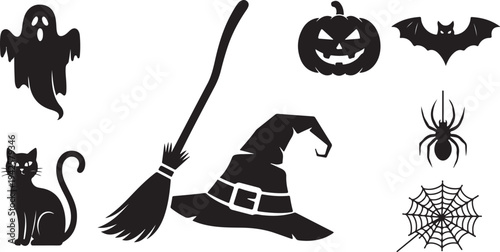 Halloween icons and symbols in black silhouette style