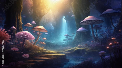 Fantasy forest with glowing mushrooms and pathway at night