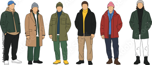 Collection of fashionable men winter outfits isolated on white background casual clothing vector illustration set