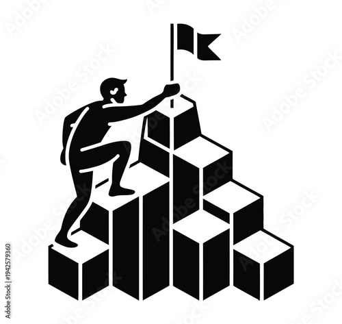 A determined man climbing a pyramid of blocks to reach the top and plant a flag