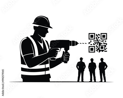 A construction worker scanning people with a QR code using a drill