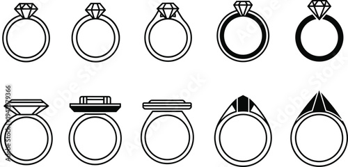 Elegant Diamond Engagement Ring Vector Set Featuring Various Gemstone Cuts Luxury Jewelry Outline Icons for Wedding and Proposal DesignElegant Diamond Engagement Ring Vector Set Featuring Various Gems