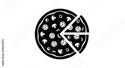 A black and white illustration of a pizza with mushroom and pepperoni toppings