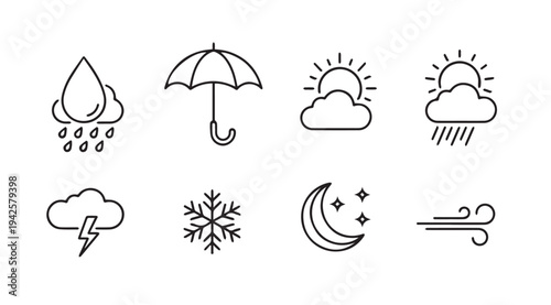 Weather Icons Set: Rain Umbrella Sun Snow Moon Wind Lightning Stock Icons