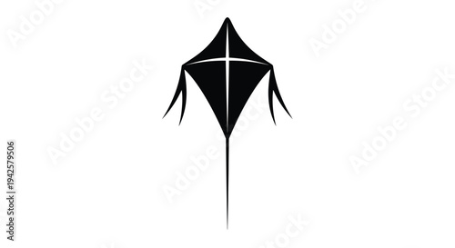 A black and white illustration of a diamond shaped kite in flight