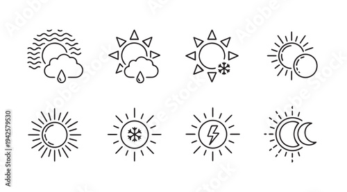 Weather Icons Set Sun Cloud Rain Snow Moon Lightning Bolt Line Art