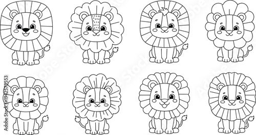 Set of cute cartoon lion characters in black and white line art style for kids coloring book.
