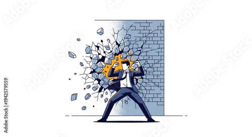 Man Breaking Through Brick Wall.