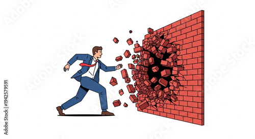 Man Breaking Through Brick Wall.