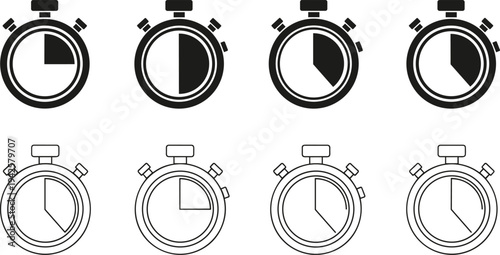 Black and White Stopwatch Vector Icon Set Featuring Various Time Intervals in Solid Silhouette and Thin Line Art Styles for Deadline ManagementBlack and White Stopwatch Vector Icon Set Featuring Vario
