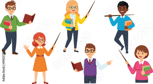 Set of cute cartoon teacher characters in various poses holding books and pointing sticks for education and school design.