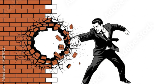 Man Breaking Through Brick Wall.