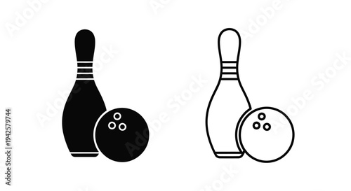 Black and white illustration depicting a bowling pin and bowling ball