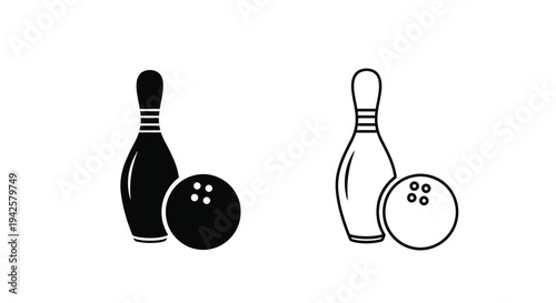 Simple black and white illustration of bowling pins and a bowling ball