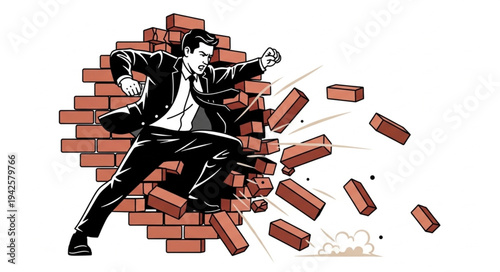 Man Breaking Through Brick Wall.