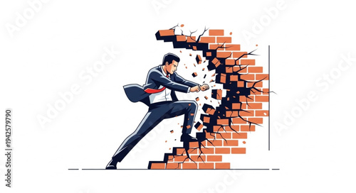 Man Breaking Through Brick Wall.