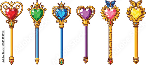 Set of magical girl heart wands featuring colorful faceted gemstones crowns and butterflies in golden anime style for fantasy game design.